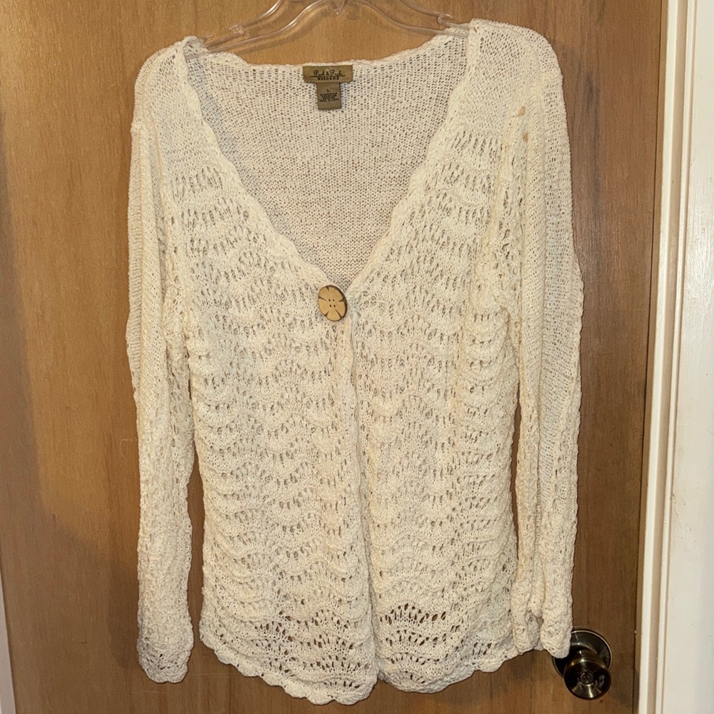 Y2K Peck & Peck Cream Knit Crochet Long Sleeve Cardigan Big Button Accent